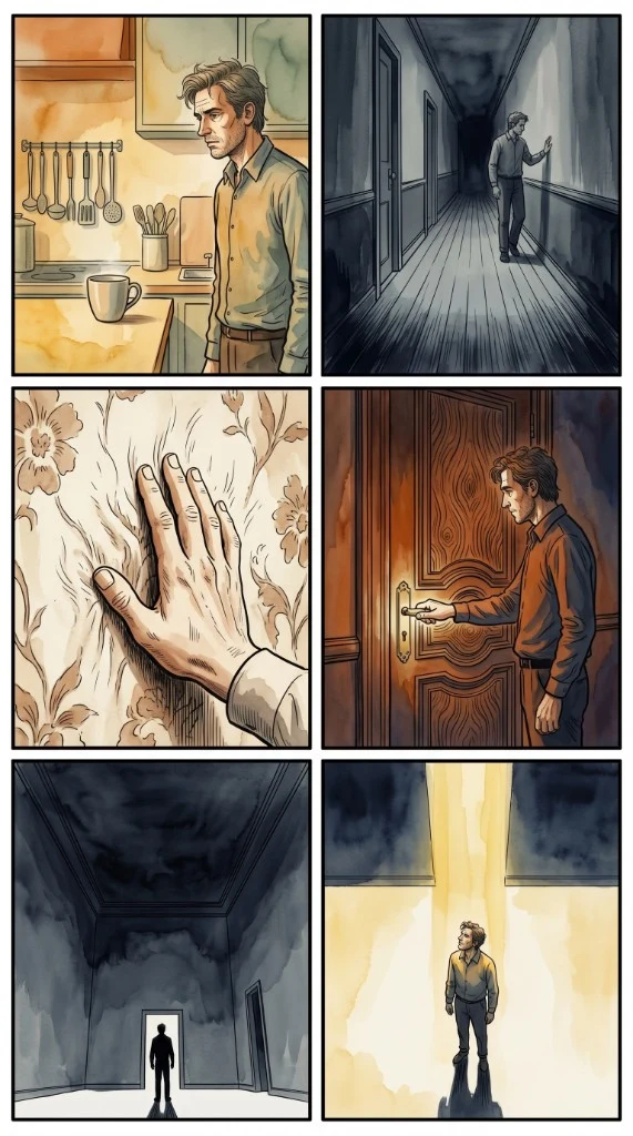 Planche de bande dessinée en six cases : un homme dans son appartement, un couloir sombre, une main posée sur un mur, une porte, puis une lumière au bout du couloir.
